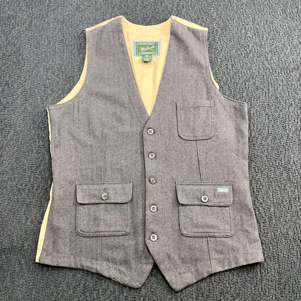 Woolrich Mens Gray Herringbone Wool Blend Vest Adjustable Back 18402‎ Medium